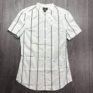 H&M Muscle Fit Striped‎ Button Shirt White Collarless New NWT